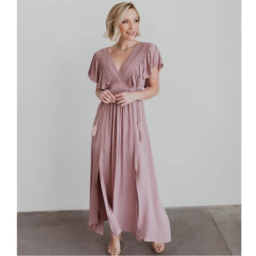 NWT BALTIC BØRN Jennifer Deep V-Neck Tassel Tie Dress Size L mauve